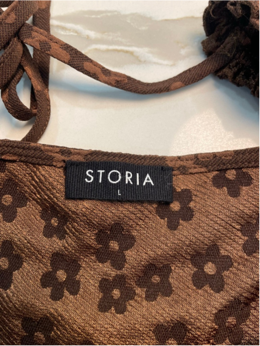 STORIA Brown Floral Babydoll Mini Dress L Puff Sleeves Fairy Grunge Asymmetric - Picture 5 of 9